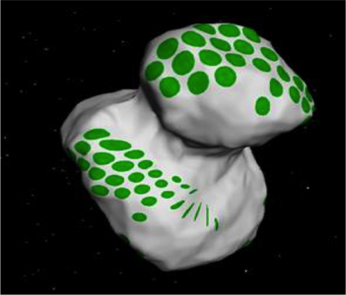 Les sites d'atterrissage possibles sur 67P/CG, représentés par des points verts