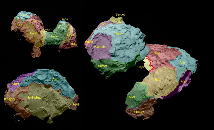 Carte des 19 régions de la comète 67P/Churyumov-Gerasimenko